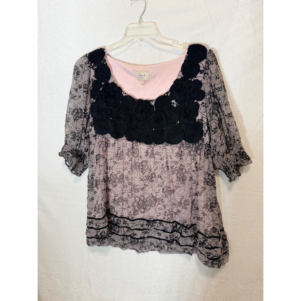 ECI New York Silk Lace Rosette Blouse Black Pink Babydoll Top 16 BOHO Festival